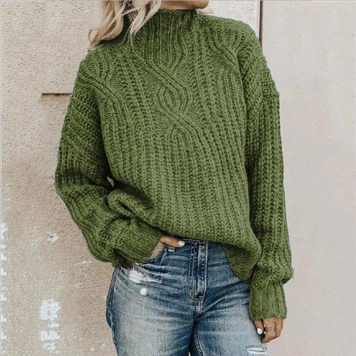Women's Oversized Cable Knit Sweater with Mock Neck - Tessa - Olive