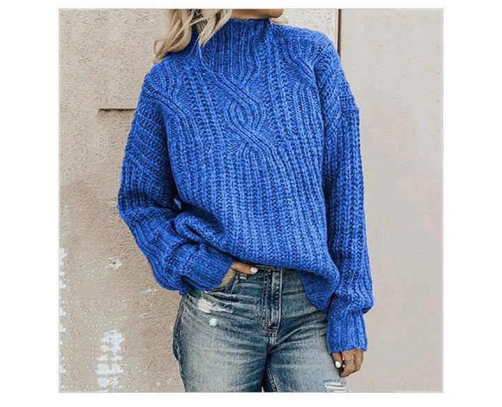 Women's Oversized Cable Knit Sweater with Mock Neck - Tessa - Royal Blue
