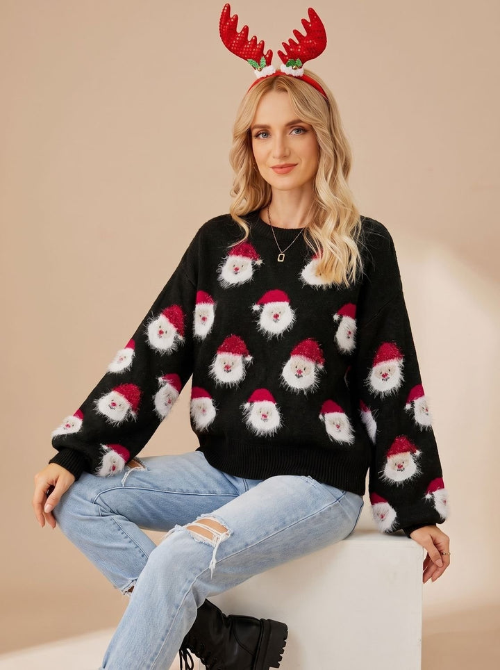 Women's Oversized Christmas Sweater with Santa Print - Lottie - Black