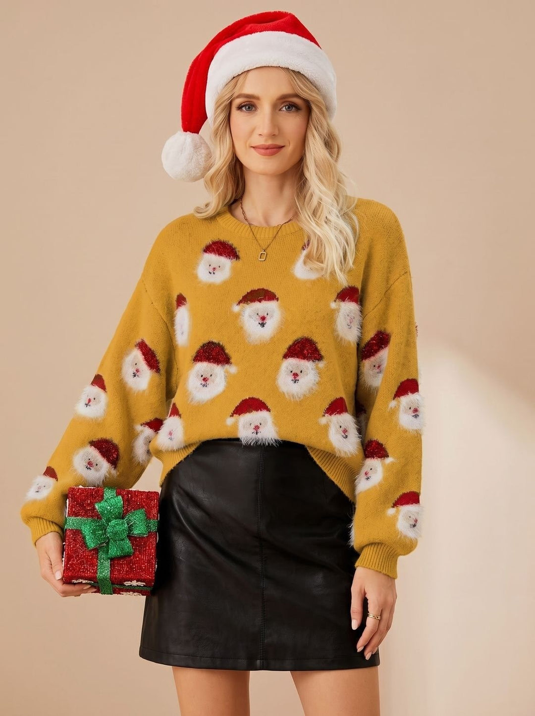 Women's Oversized Christmas Sweater with Santa Print - Lottie - Mustard