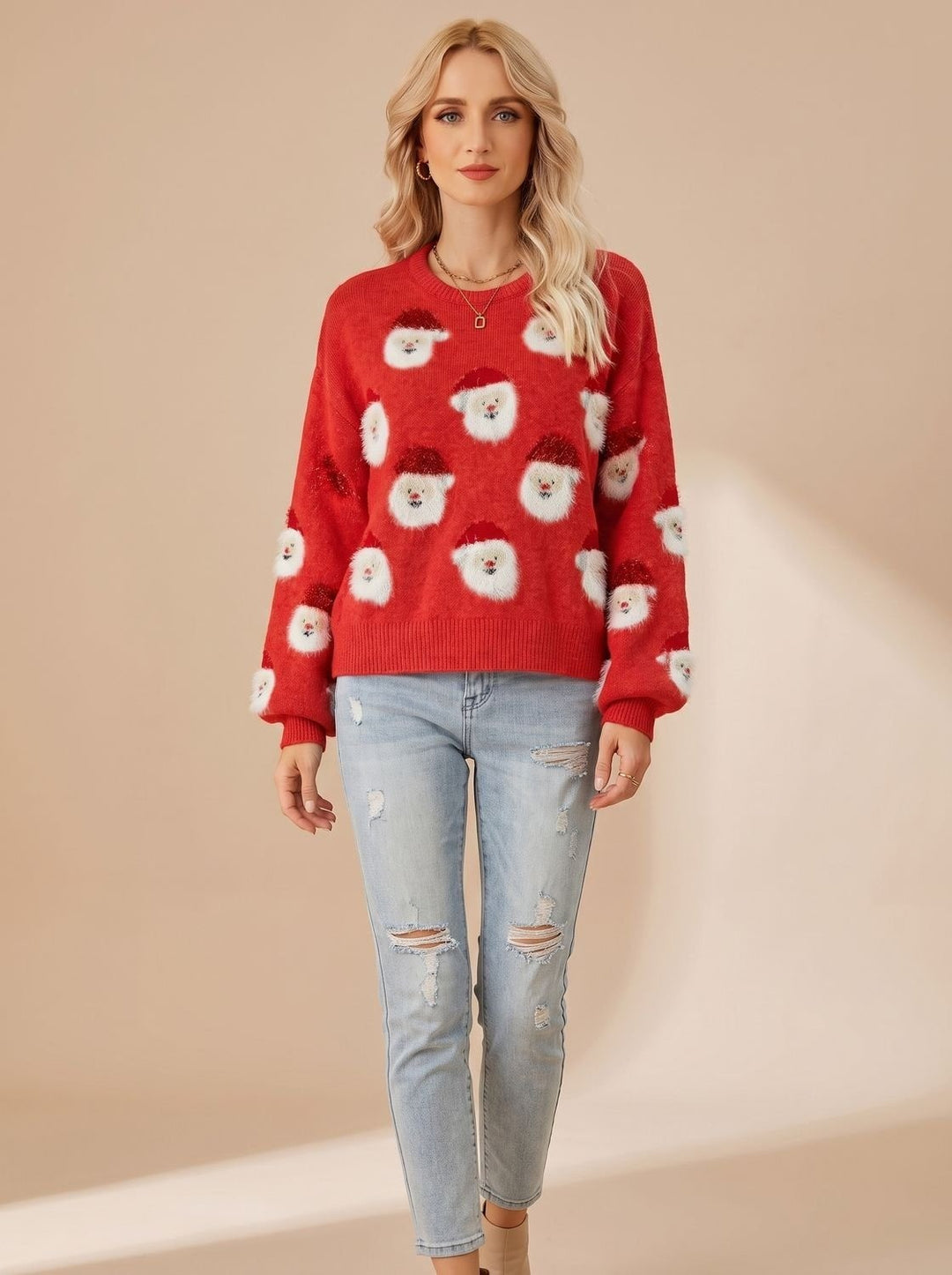 Women's Oversized Christmas Sweater with Santa Print - Lottie - Red