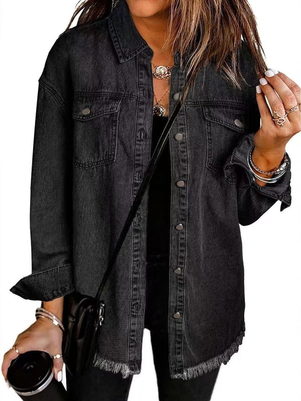 Women's Oversized Jean Jacket with Frayed Hem - Delia - Black