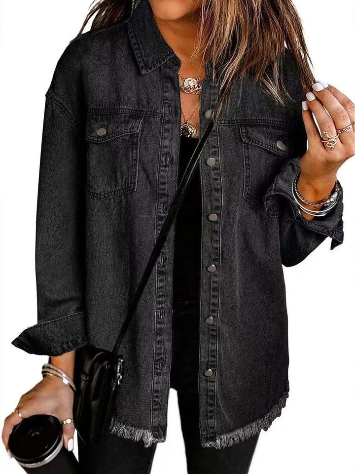 Women's Oversized Jean Jacket with Frayed Hem - Delia - Black