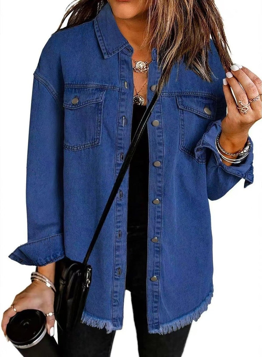 Women's Oversized Jean Jacket with Frayed Hem - Delia - Dark Blue