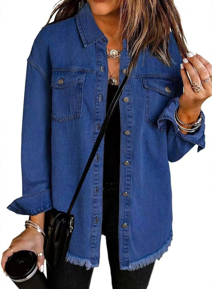 Women's Oversized Jean Jacket with Frayed Hem - Delia - Dark Blue