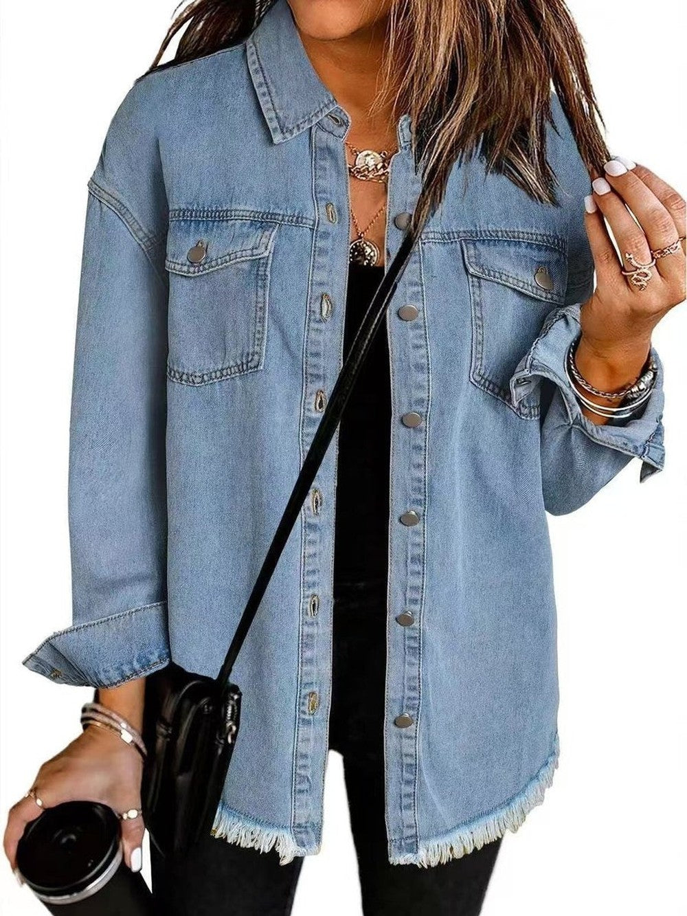 Women's Oversized Jean Jacket with Frayed Hem - Delia - Light Blue