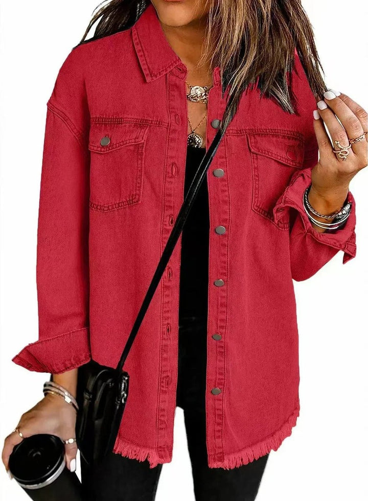 Women's Oversized Jean Jacket with Frayed Hem - Delia - Red