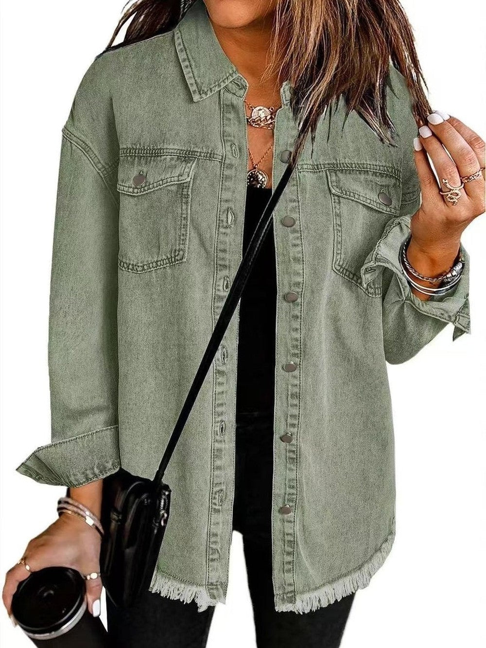 Women's Oversized Jean Jacket with Frayed Hem - Delia - Sage