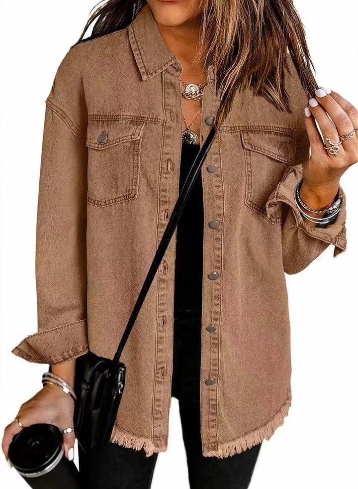 Women's Oversized Jean Jacket with Frayed Hem - Delia - Tan