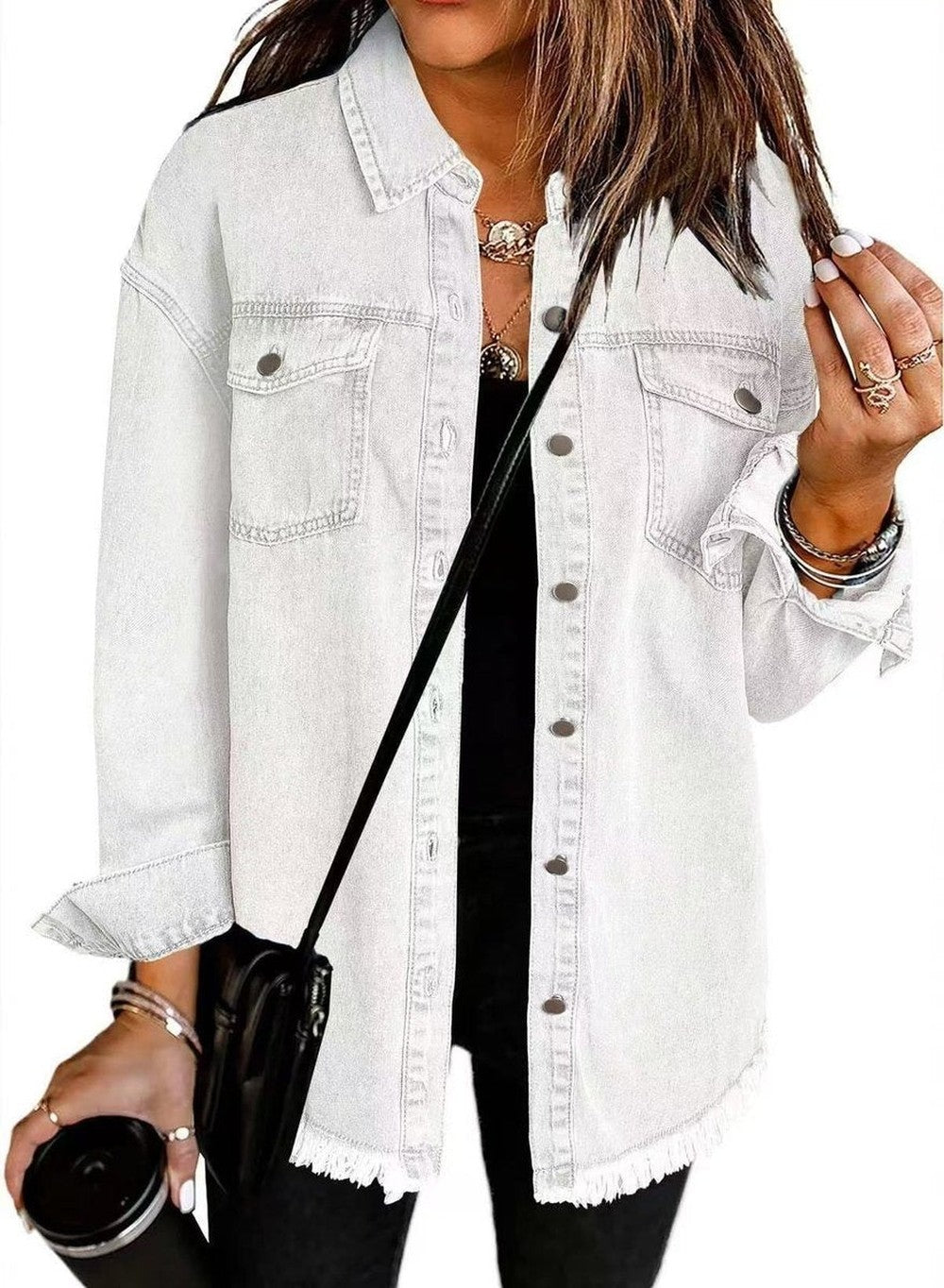 Women's Oversized Jean Jacket with Frayed Hem - Delia - White