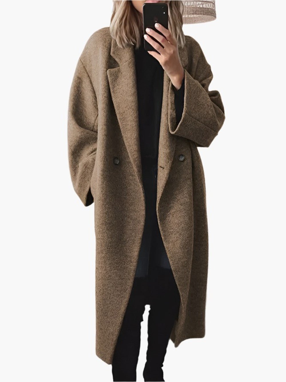 Women's Oversized Long Coat with Notch Lapels - Kit - Camel