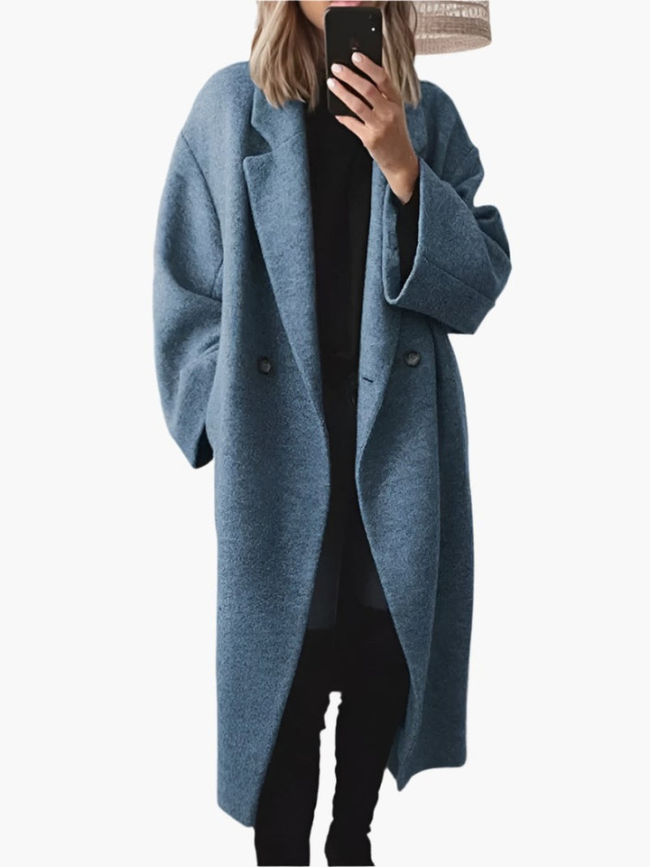 Women's Oversized Long Coat with Notch Lapels - Kit - Dusty Blue