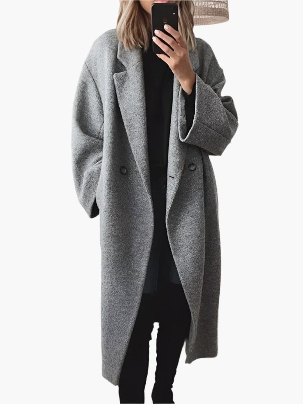Women's Oversized Long Coat with Notch Lapels - Kit - Gray
