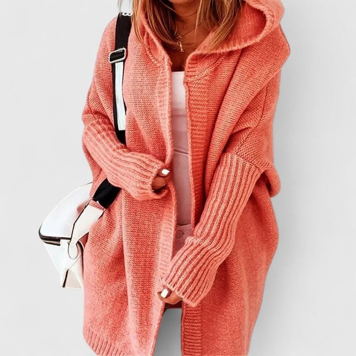 Women's Oversized Long Cardigan with Hood - Juniper - Coral