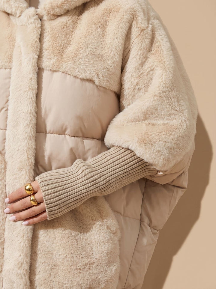 Women's Oversized Puffer Coat with Faux Fur Sleeves - Gia - Beige