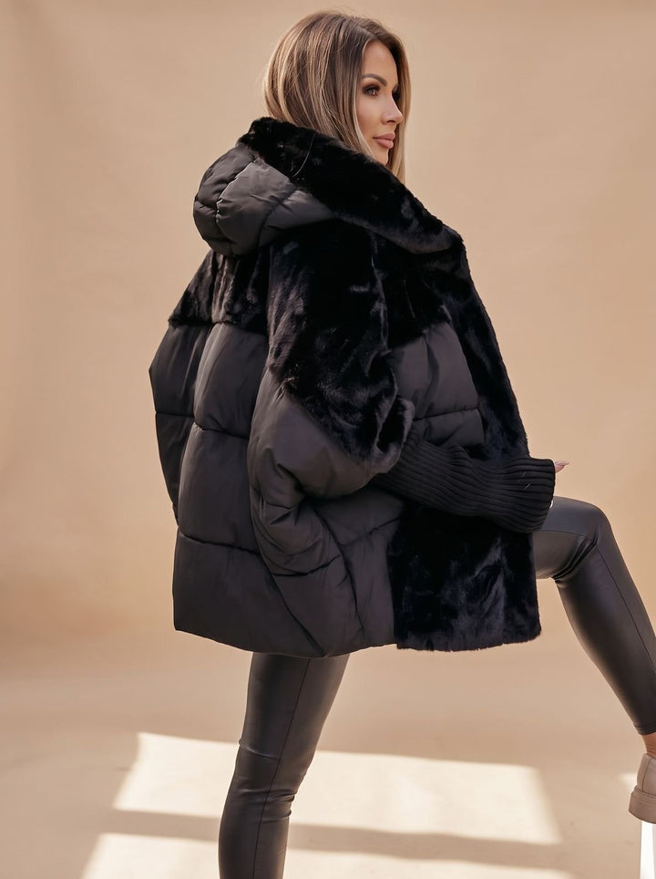 Women's Oversized Puffer Coat with Faux Fur Sleeves - Gia - Black