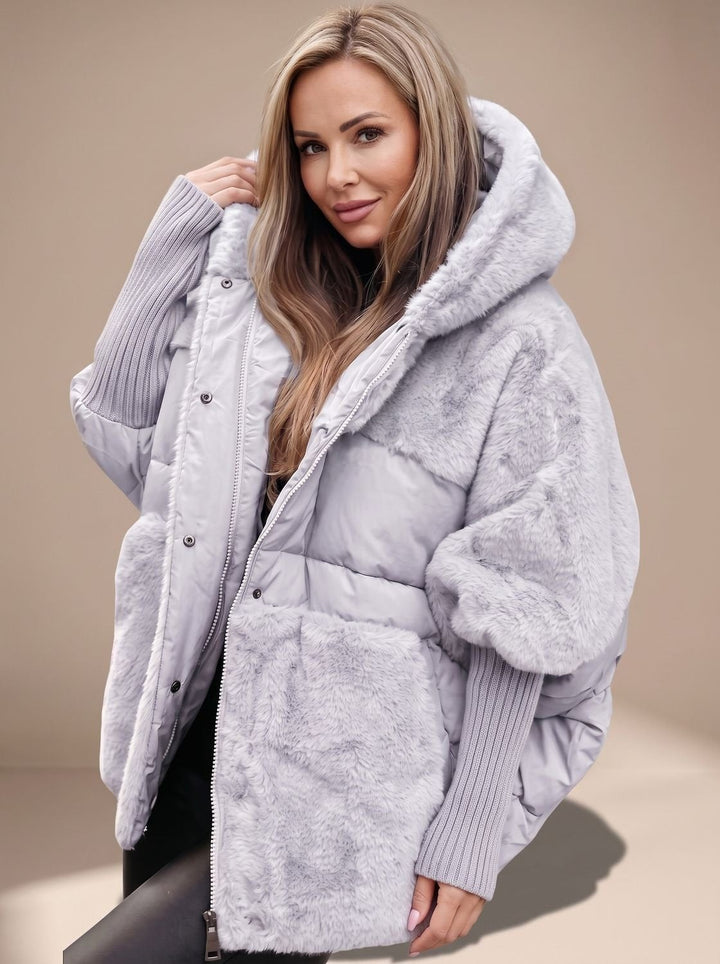 Women's Oversized Puffer Coat with Faux Fur Sleeves - Gia - Gray