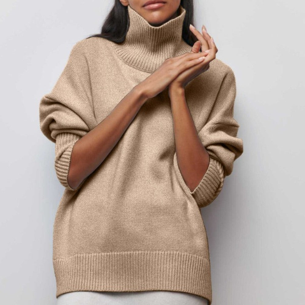 Women's Oversized Turtleneck Sweater with Side Slits - Lila - Beige