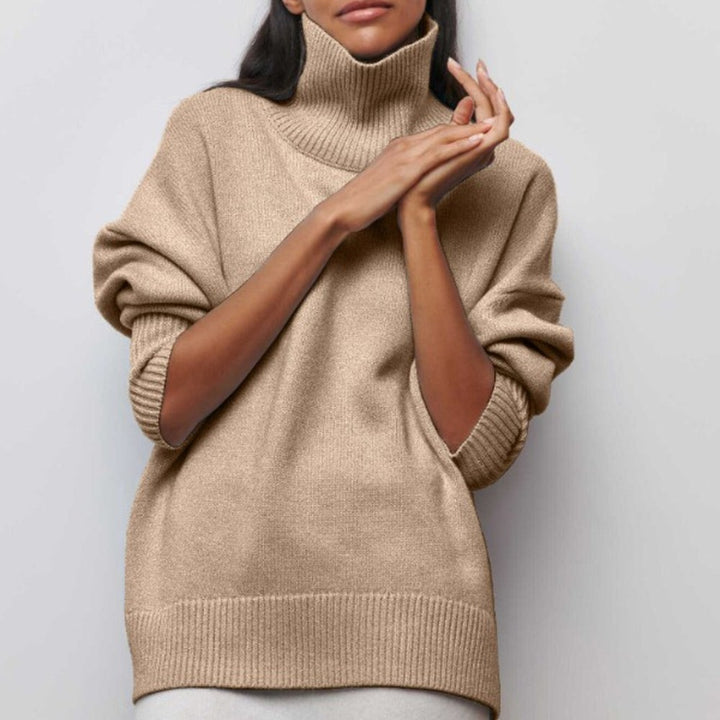 Women's Oversized Turtleneck Sweater with Side Slits - Lila - Beige