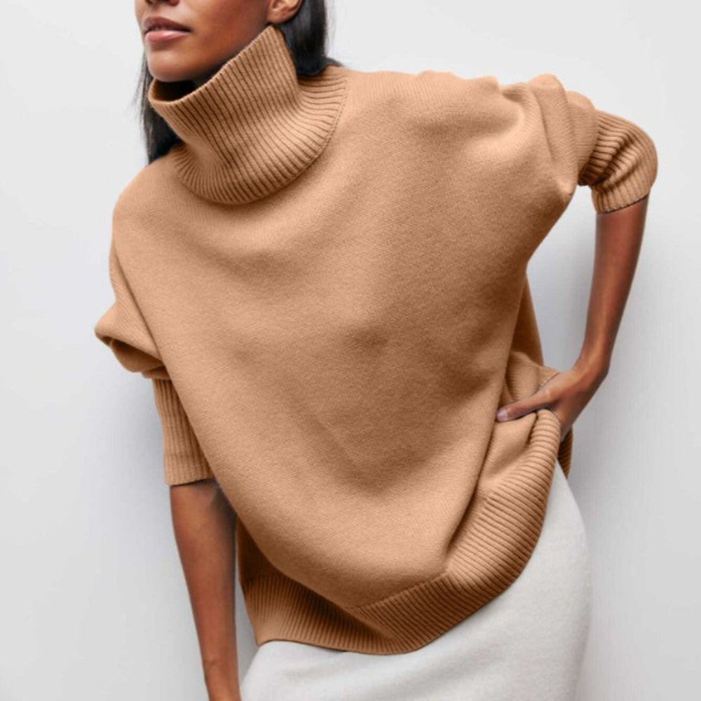 Women's Oversized Turtleneck Sweater with Side Slits - Lila - Camel