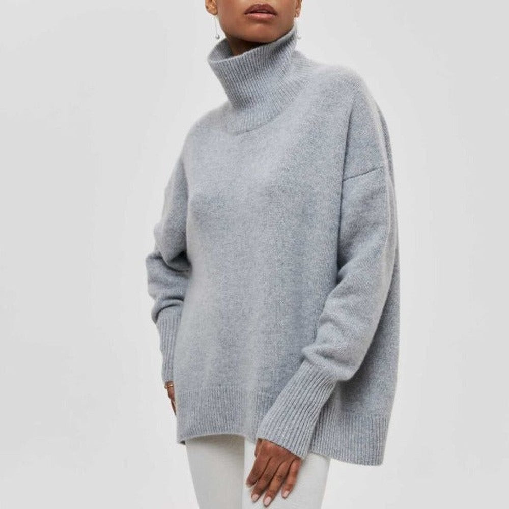 Women's Oversized Turtleneck Sweater with Side Slits - Lila - Gray