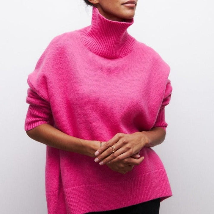 Women's Oversized Turtleneck Sweater with Side Slits - Lila - Hot Pink