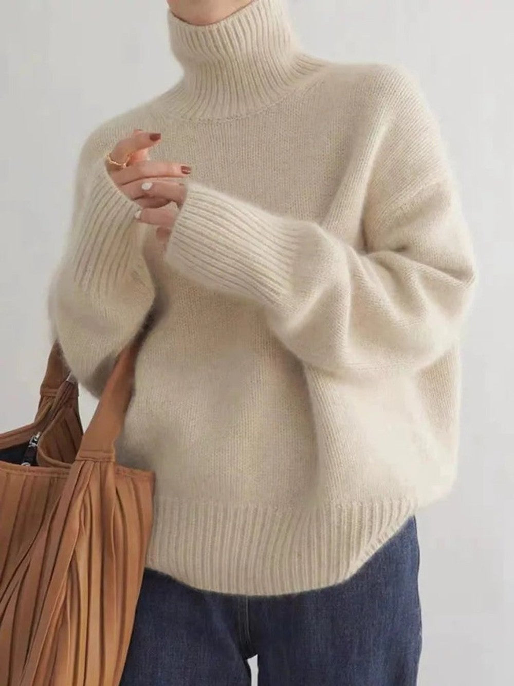 Women's Oversized Turtleneck with Drop Shoulders - Opal - Beige
