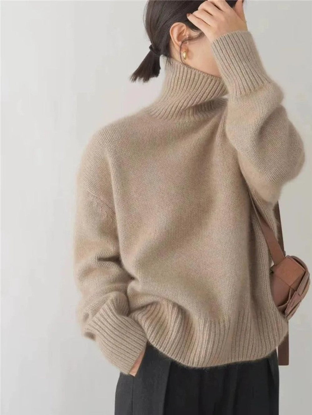 Women's Oversized Turtleneck with Drop Shoulders - Opal - Khaki