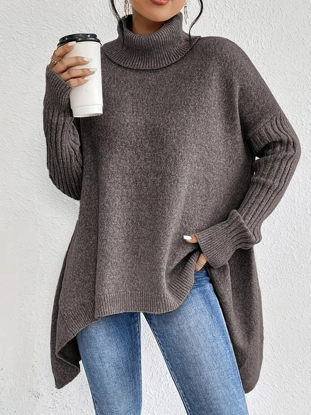 Women's Oversized Turtleneck with Ribbed Sleeves - Lydia - Espresso