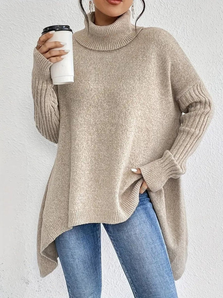 Women's Oversized Turtleneck with Ribbed Sleeves - Lydia - Khaki