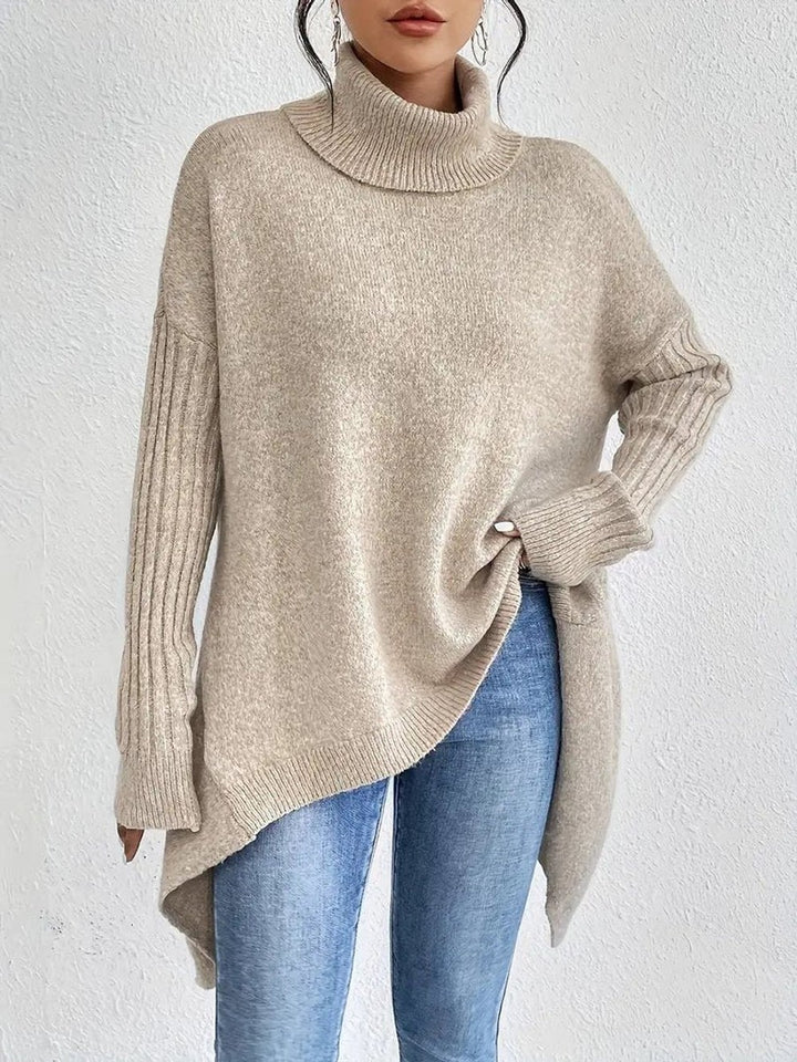 Women's Oversized Turtleneck with Ribbed Sleeves - Lydia - Khaki
