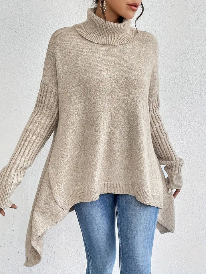 Women's Oversized Turtleneck with Ribbed Sleeves - Lydia - Khaki