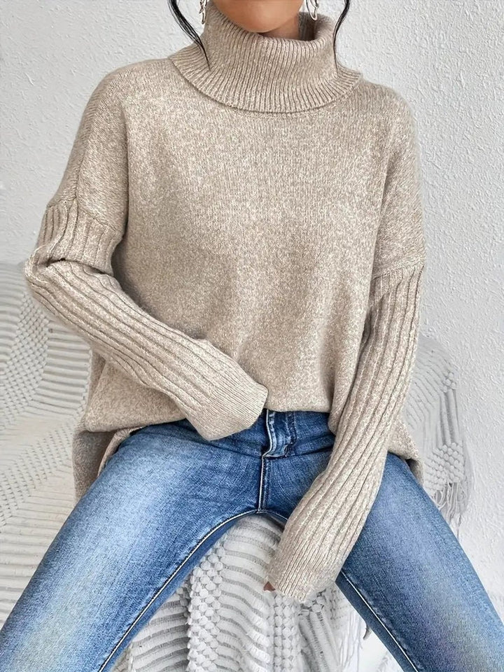 Women's Oversized Turtleneck with Ribbed Sleeves - Lydia - Khaki