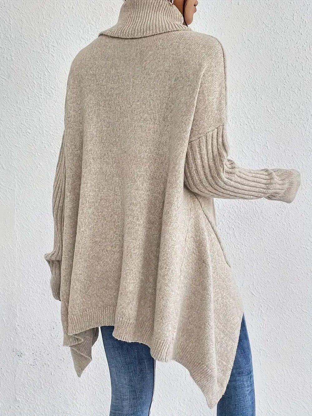 Women's Oversized Turtleneck with Ribbed Sleeves - Lydia - Khaki