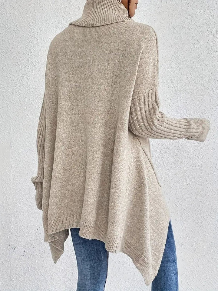 Women's Oversized Turtleneck with Ribbed Sleeves - Lydia - Khaki