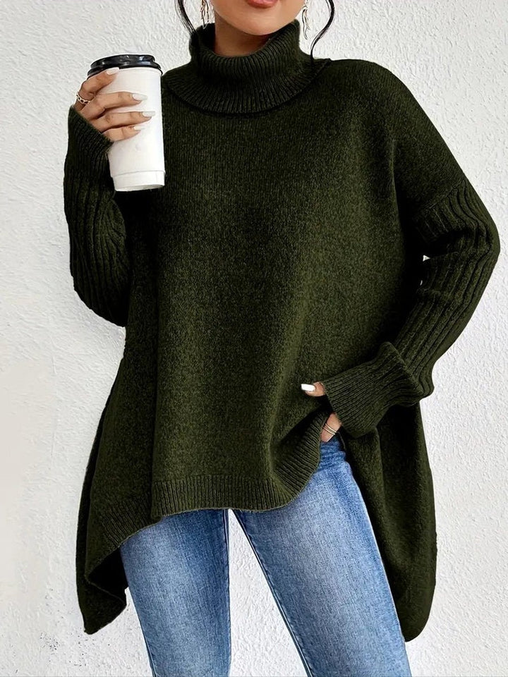 Women's Oversized Turtleneck with Ribbed Sleeves - Lydia - Pine Green