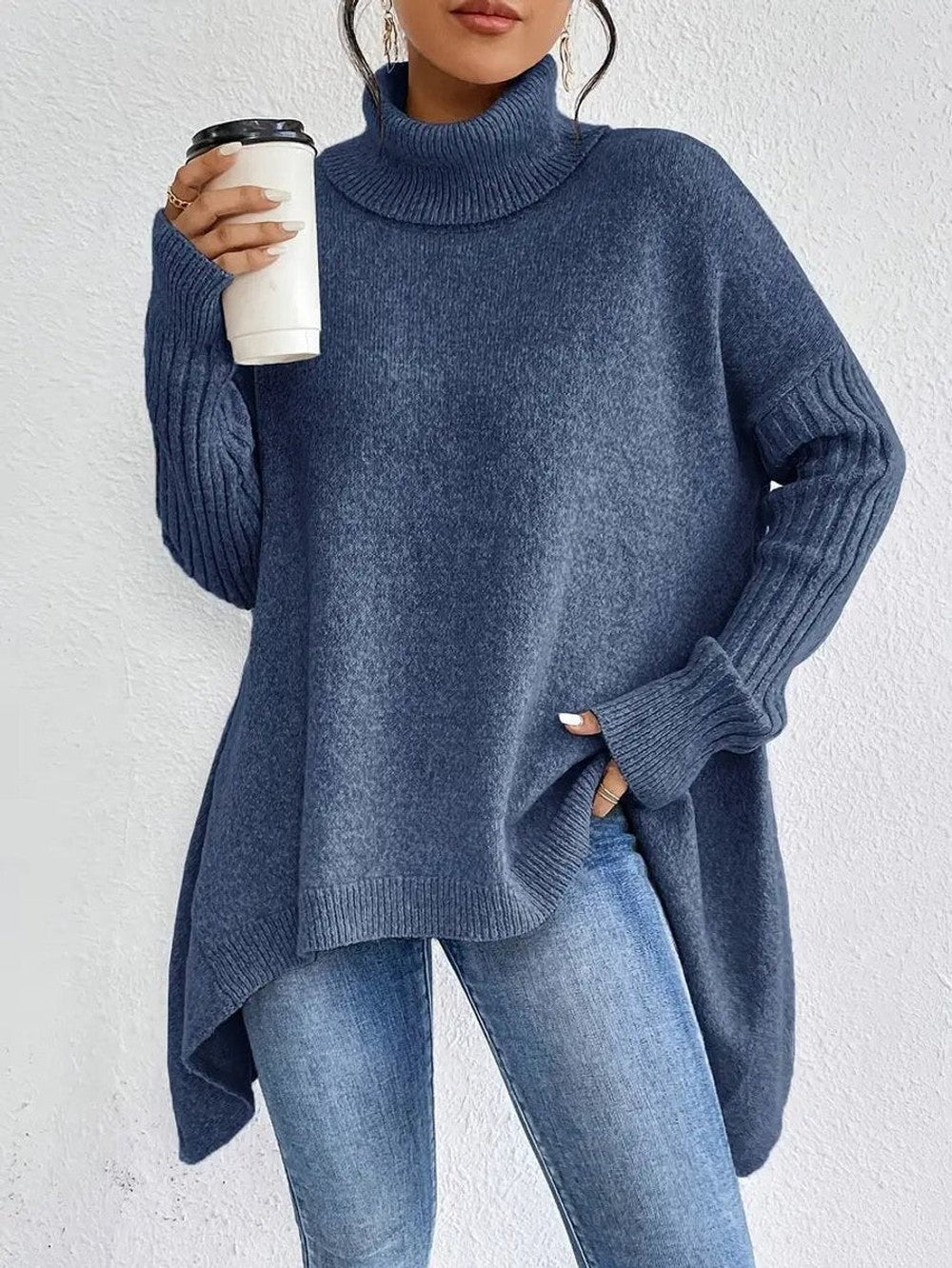 Women's Oversized Turtleneck with Ribbed Sleeves - Lydia - Slate Blue