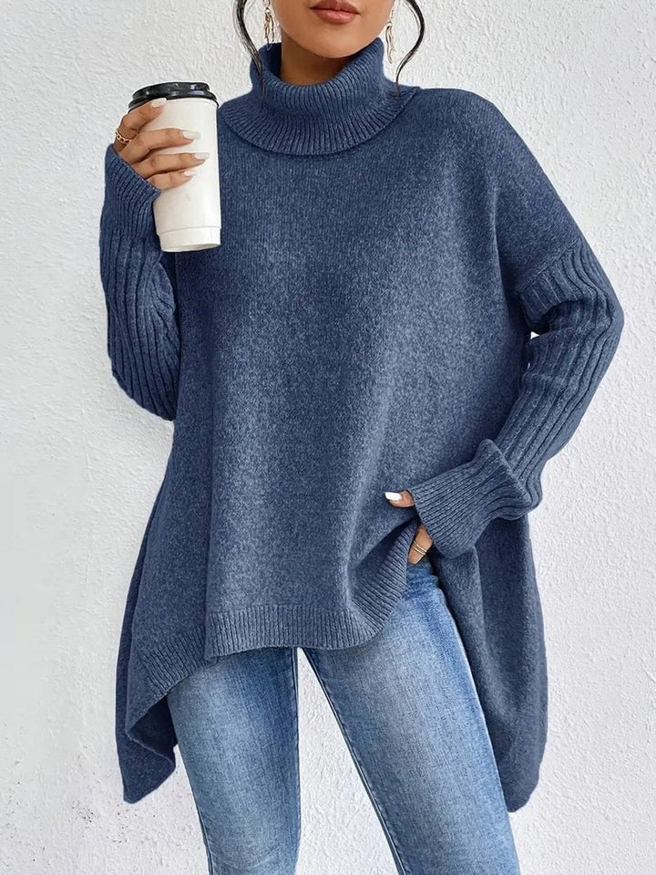 Women's Oversized Turtleneck with Ribbed Sleeves - Lydia - Slate Blue