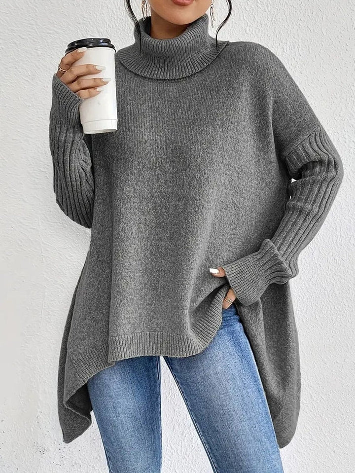 Women's Oversized Turtleneck with Ribbed Sleeves - Lydia - Stone Gray