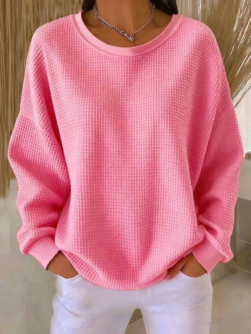 Women's Oversized Waffle Knit Sweater - Violet - Pink