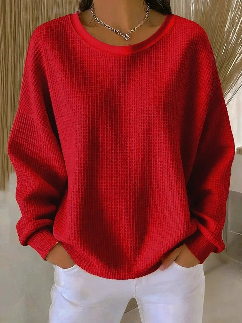 Women's Oversized Waffle Knit Sweater - Violet - Red