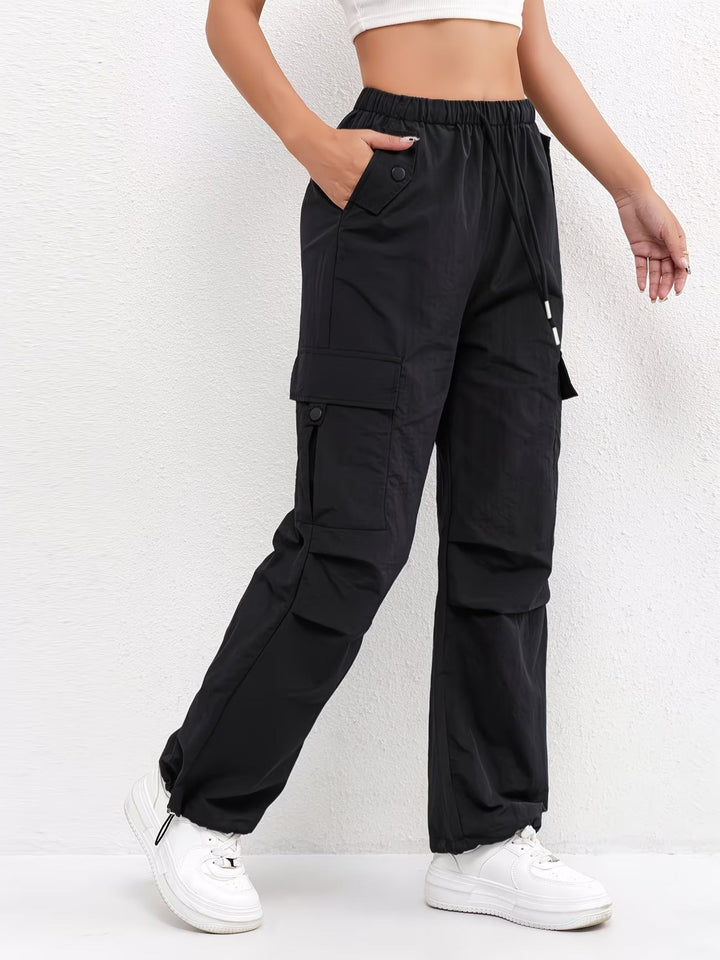 Women's Parachute Cargo Pants with Drawstring Hem - Marisol - Black