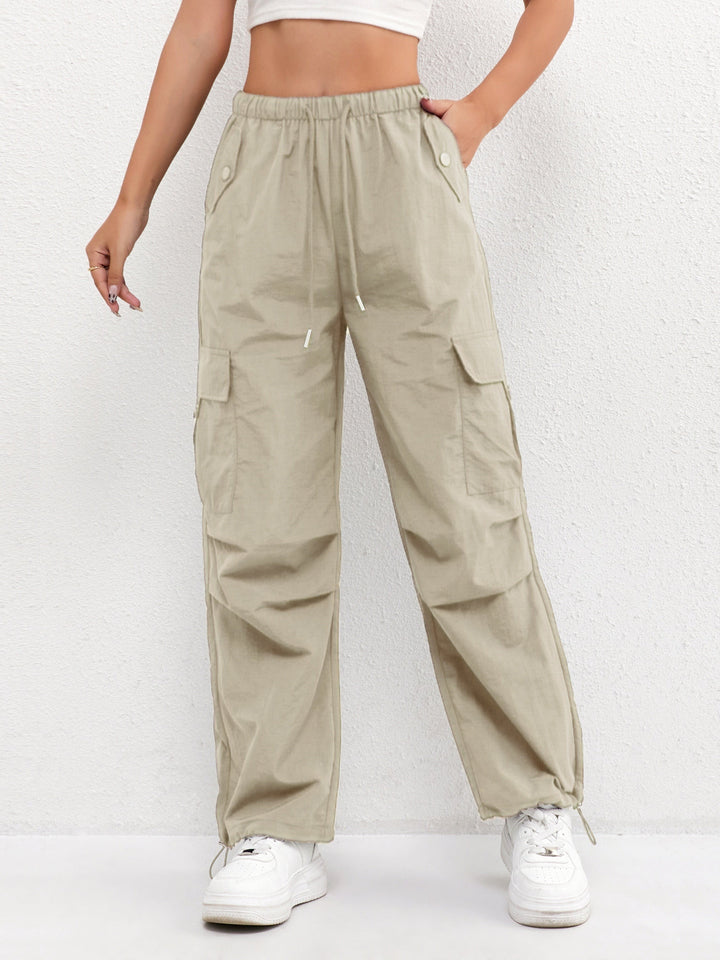 Women's Parachute Cargo Pants with Drawstring Hem - Marisol - Cream
