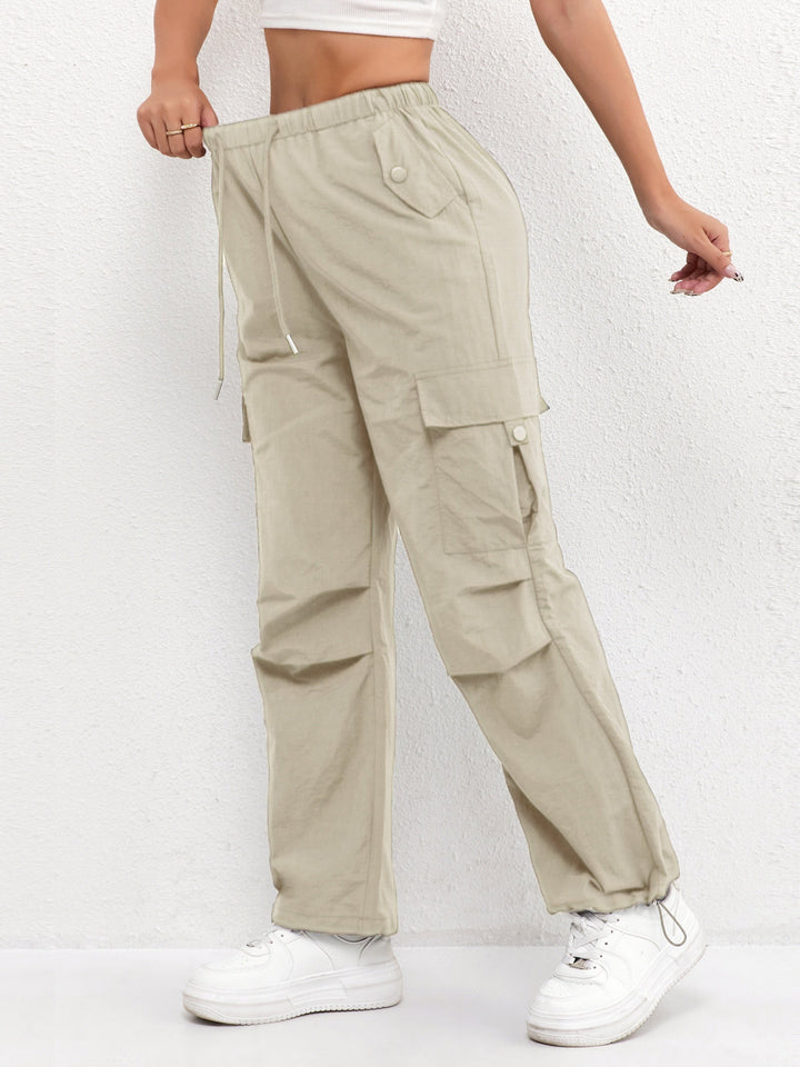 Women's Parachute Cargo Pants with Drawstring Hem - Marisol - Cream
