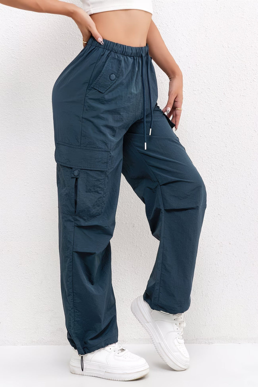 Women's Parachute Cargo Pants with Drawstring Hem - Marisol - Denim Blue