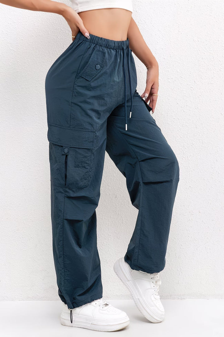 Women's Parachute Cargo Pants with Drawstring Hem - Marisol - Denim Blue