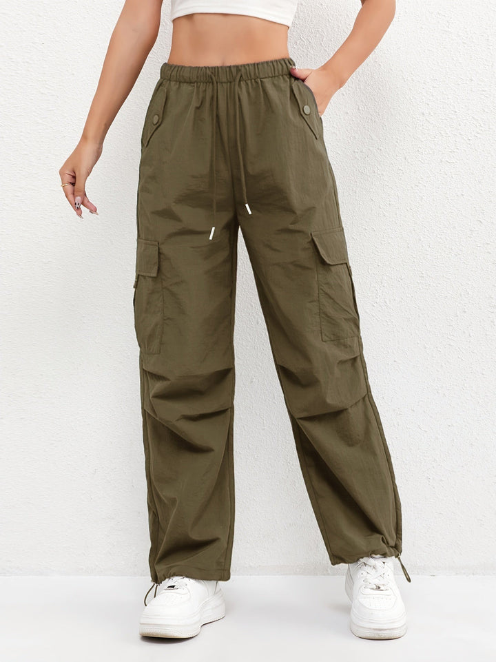 Women's Parachute Cargo Pants with Drawstring Hem - Marisol - Olive