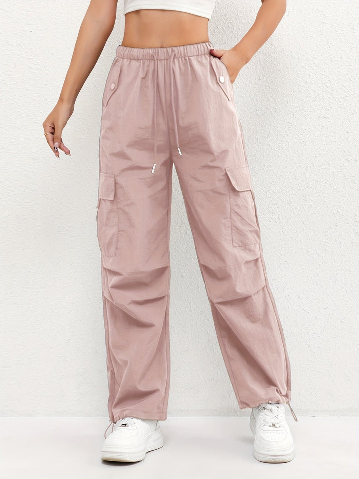 Women's Parachute Cargo Pants with Drawstring Hem - Marisol - Pink