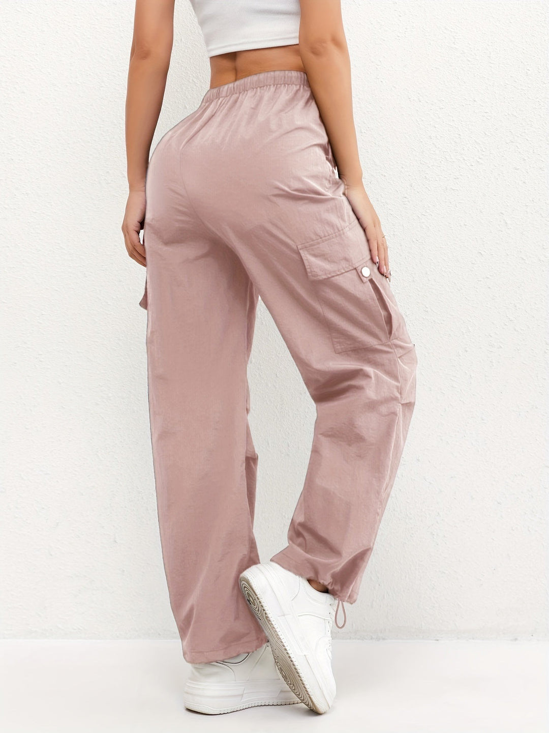 Women's Parachute Cargo Pants with Drawstring Hem - Marisol - Pink
