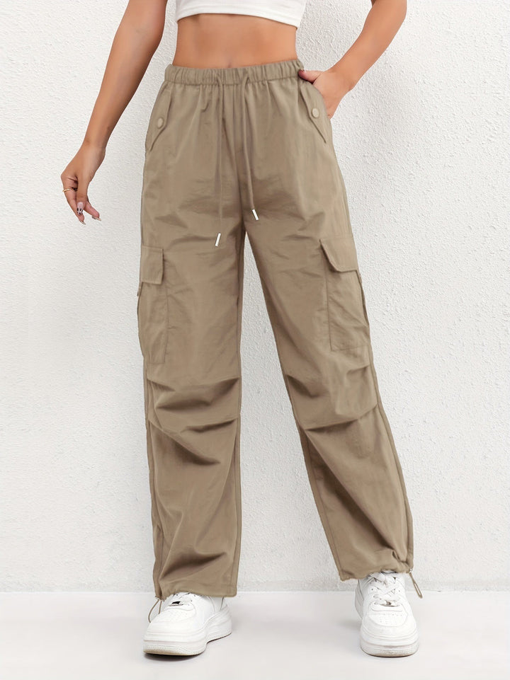 Women's Parachute Cargo Pants with Drawstring Hem - Marisol - Tan